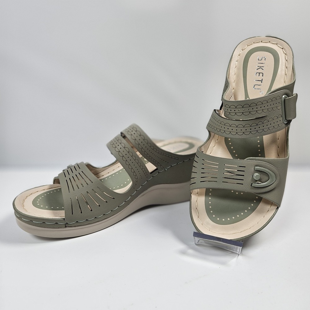 NEW Siketu Womens 36 Sage‎ Green Laser Cut Wedge Sandals Comfort Slide Shoes